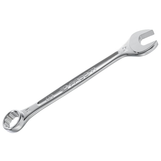 Facom combination wrench 440_1_2, chrome finish, open end and ring end, angled view on white background.