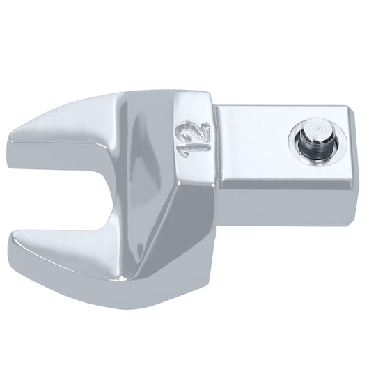 Facom 10_12 chrome open-end wrench head, square drive attachment, close-up, on white background.