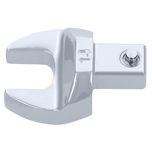 Facom 10_14 chrome open-end crowfoot spanner head, studio photo, shown from side on white background.