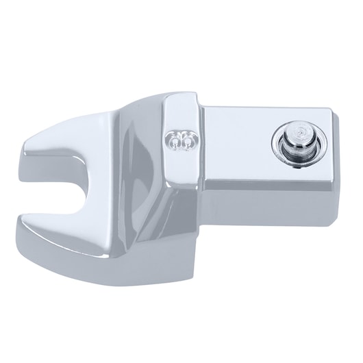 Facom 10_8 chrome open end wrench head, flat angle, on white background.