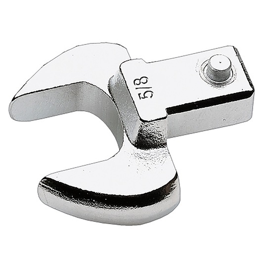Facom 10_9_16 chrome open-end wrench head, photography, white background angled view.