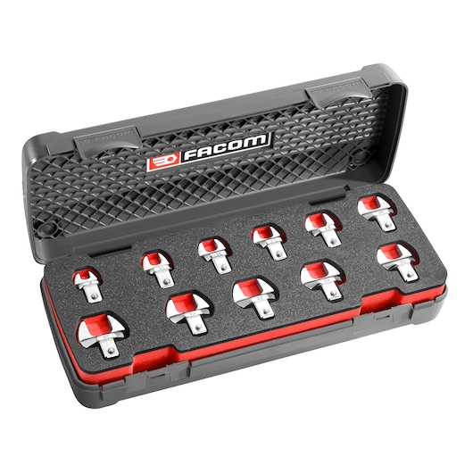 Facom 10_J11 socket wrench set with 10 chrome sockets in a black and red hard case, top view on white background.
