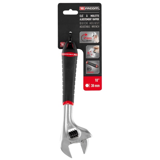 Facom 101.10GPB adjustable wrench, 10-inch, 38 mm capacity, black and silver with red accents, front angle.