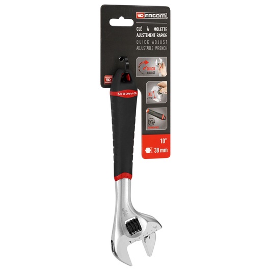 Facom 101.10GPB adjustable wrench with black and red handle, quick adjust feature, 10 inch size, on white background.