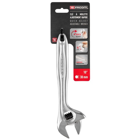 Facom 101.10PB adjustable wrench 10 inch with ergonomic handle, silver, product shown on white background.