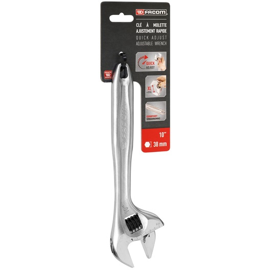 Facom adjustable wrench 101.10PB, 10 inch, 38 mm jaw, silver steel, quick adjust, ergonomic handle, front view.