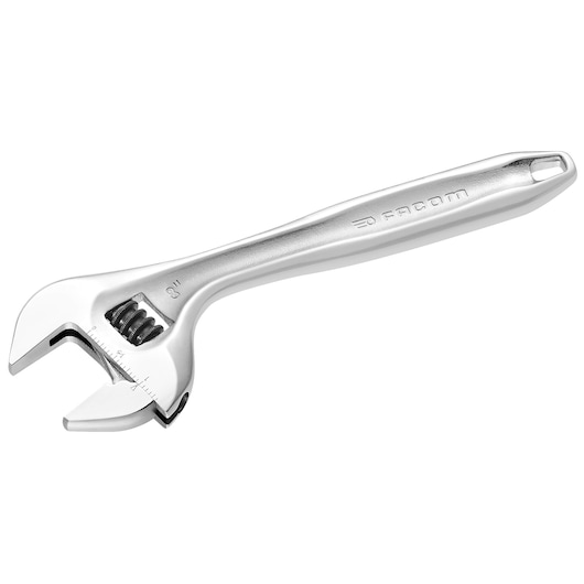 Facom adjustable wrench 10110, silver, side angle on white background.