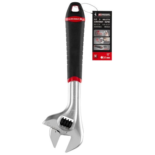 Facom adjustable wrench with black and red grip, 12 inch size, SKU 101.12GPB, front angle on white background.