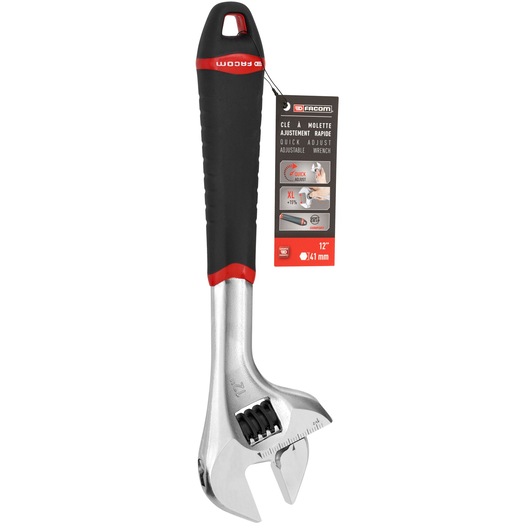 Facom 12 inch adjustable wrench with black and red non-slip handle, SKU 101.12GPB, product tag attached, front view.