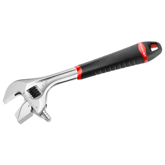 Facom 101_12GR adjustable wrench with black and red ergonomic handle, side angle on white background.