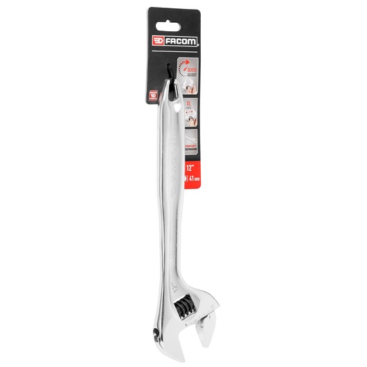 Facom 101_12PB adjustable wrench, silver finish, 12 inch size with packaging, front angle on white background.