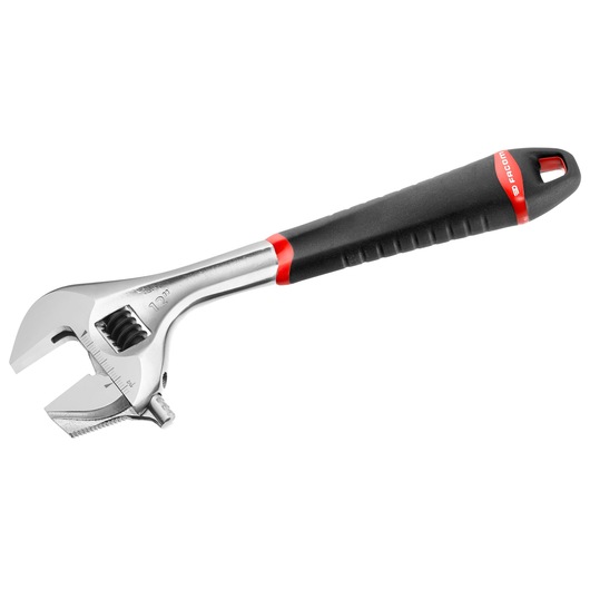 Facom adjustable wrench 101_15GR with black and red handle, left angle, white background.