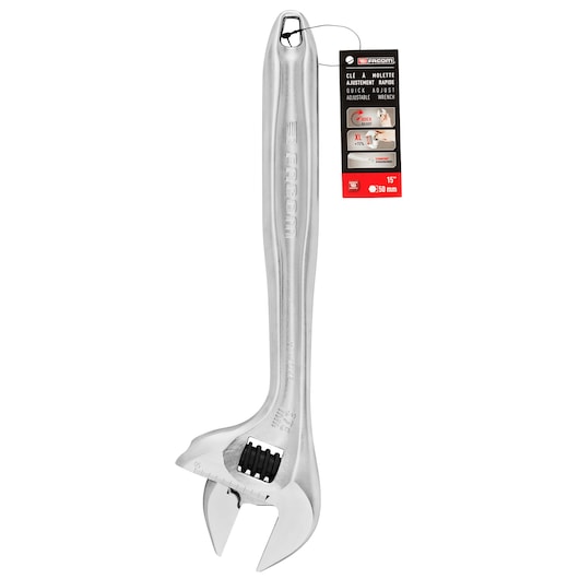 Facom 101.15PB adjustable wrench, silver finish, front angle, with product tag attached.