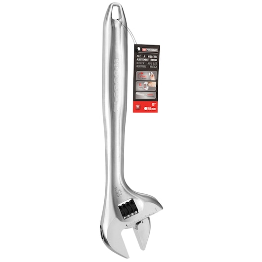 Facom 101.15PB adjustable wrench, silver metal finish, front angle, with product tag attached.