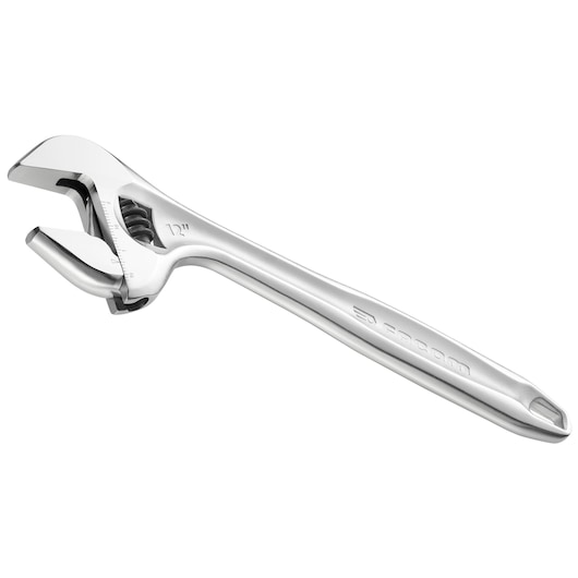 Photo of Facom 101.18PB adjustable wrench, silver finish, side angle on white background.