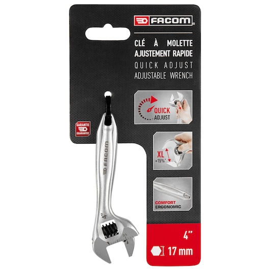 Facom 101.4PB adjustable wrench, 4 inch size, 17 mm, silver, ergonomic handle, in retail packaging, front angle.