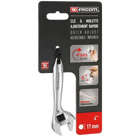 Facom 101.4PB adjustable wrench 4 inch, 17mm, quick adjust, ergonomic handle, front packaging photo.