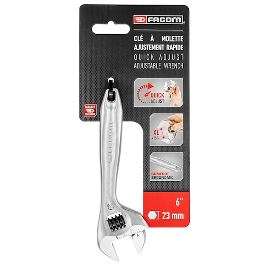 Facom adjustable wrench 101_6PB, 6 inch, silver, quick adjust, ergonomic handle, shown in packaging, front view.