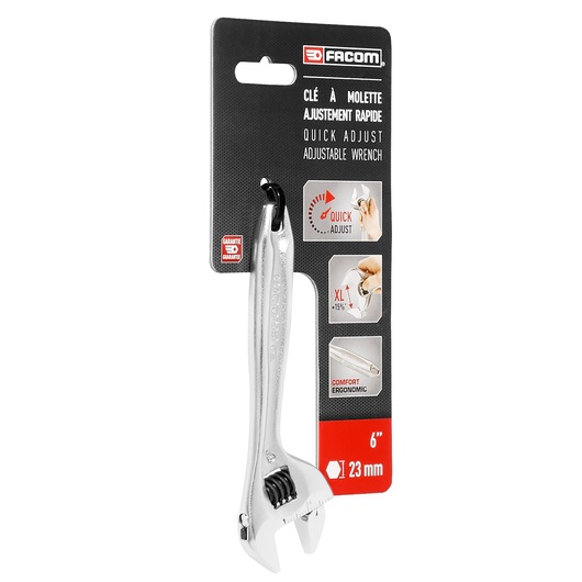 Photo of Facom adjustable wrench 101_6PB, 6 inch, 23mm capacity, quick adjust, ergonomic handle, front packaging view.