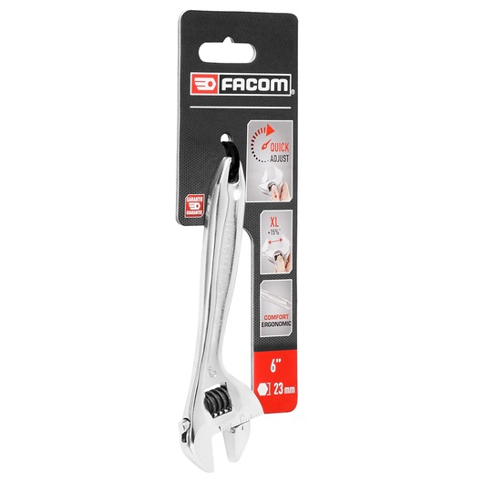 Facom adjustable wrench 6 inch, 23 mm, chrome finish, in retail packaging, front angle. 101_6PB