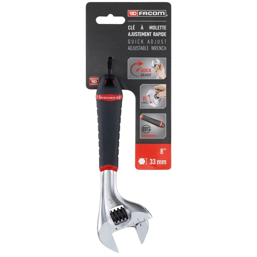 Facom adjustable wrench 101.8GPB, 8 inch, 33 mm jaw, black and red handle, front angle, on packaging.