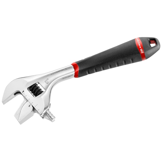 Facom 101_8GR adjustable wrench with black and red ergonomic handle, side angle on white background.