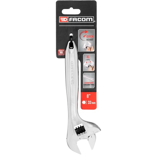 Facom adjustable wrench 101_8PB, silver finish, 8 inch size, photographed in packaging front view on white background.