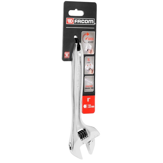 Photo of Facom 101_8PB adjustable wrench, 8 inch, 33 mm capacity, in packaging, front angle on white background.