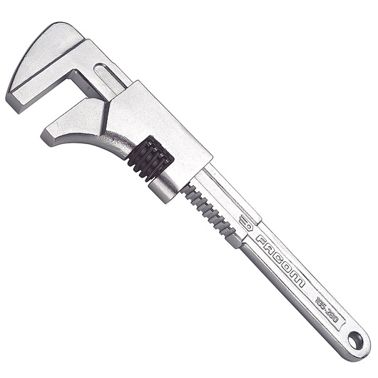 Facom adjustable pipe wrench silver finish, side angle, SKU 105280, tool category, white background.