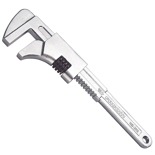Facom 105_375 adjustable pipe wrench, silver metal, angled view on white background.