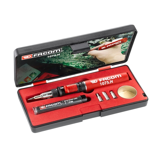 Facom 1075H soldering iron kit in red and black case, includes soldering iron, tips, solder, flux, photography angle.