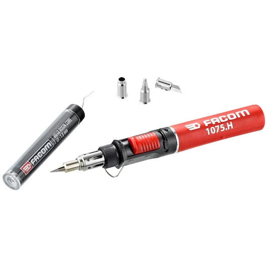 Facom 1075H red gas soldering iron with accessories and solder wire, product photography, white background.