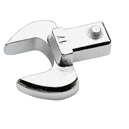 Facom 11_17 chrome open-end wrench head photography, top view on white background.