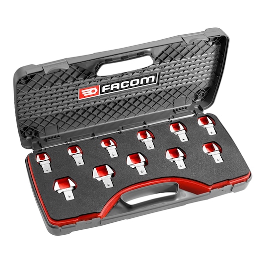 Facom 11_J11 wrench head set in black hard case, twelve red and silver interchangeable heads, top view.
