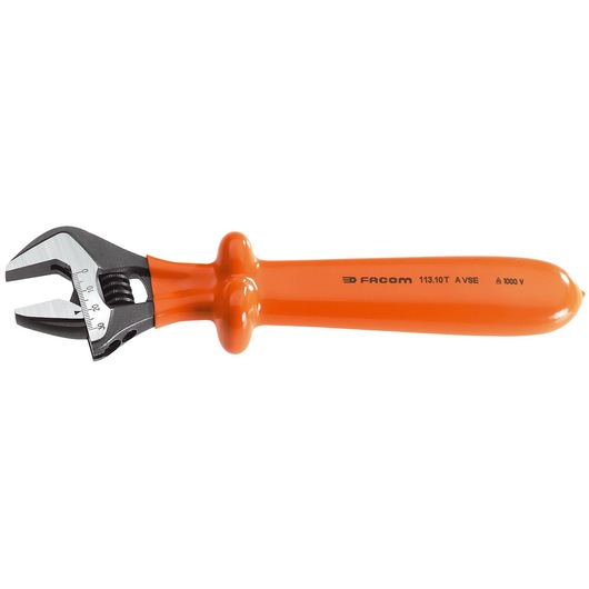 Facom 113_10TAVSE adjustable wrench with insulated orange handle, side view on white background.