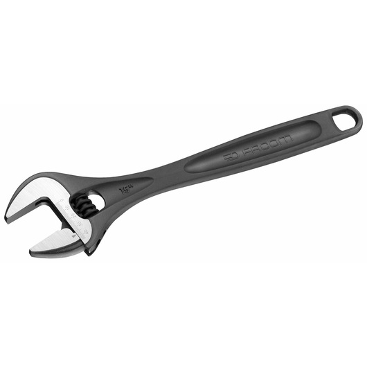 Photo of Facom adjustable wrench 113A_4T, black handle, side view on white background.