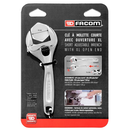 Facom 113AS_6CPB short adjustable wrench with XL open end, retail packaging, front view on white background