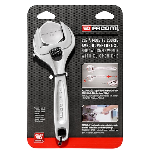 Facom 113AS_8CPB short adjustable wrench with XL open end, 41 mm jaw, blister pack, front view.