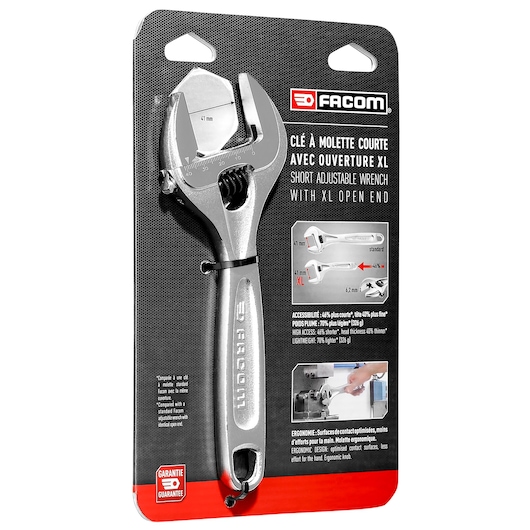 Photo of Facom 113AS_8CPB short adjustable wrench with XL open end in retail packaging, product angled on white background.