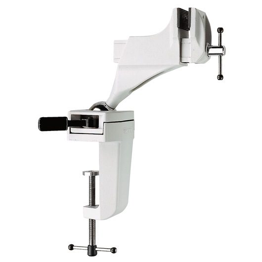 Facom 1150_MT bench vise with clamp, side angle, white metal, textured jaws, isolated on white background.