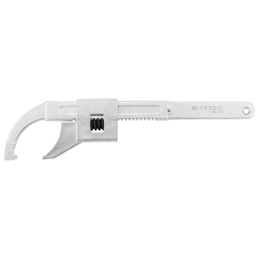 Facom adjustable hook wrench 115A_200, silver metal, side view on white background.