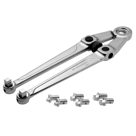 Photo of Facom 118A adjustable silver spanner wrench set with six interchangeable steel tips, side angle, white background.