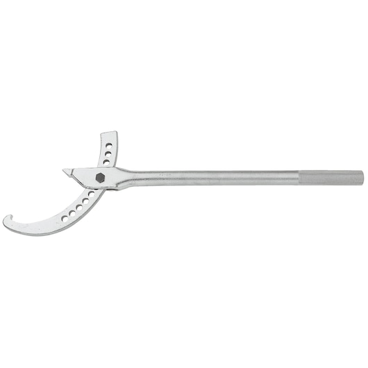 Facom 119.3/4 adjustable hook spanner with long handle, silver metal, side view, white background.