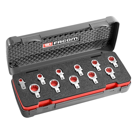 Photo of Facom 12_J11 socket wrench set with twelve chrome wrenches in a black and red hard case, top view.