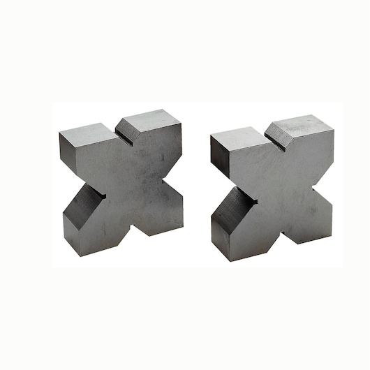 Photo of Facom 120200 metal V-blocks set, two X-shaped precision support blocks, front angle, white background.