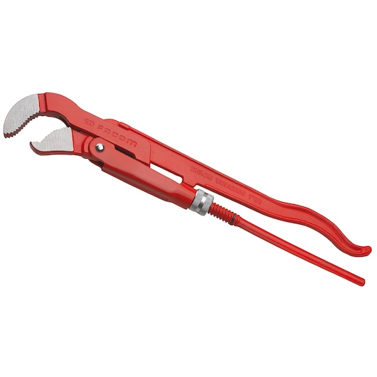 Facom 121A.1P1/2 red pipe wrench with angled serrated jaws, side view on white background.