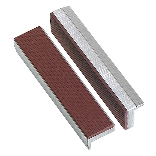 Facom 1223.M4 pair of metal and brown grooved vise jaw covers, flat angle view, photography product.