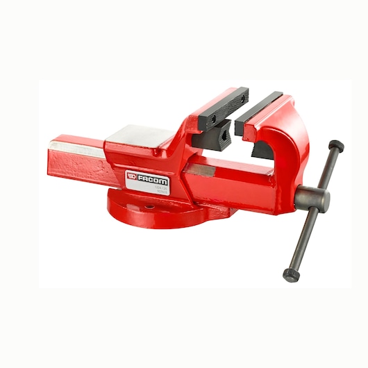 Facom bench vise SKU 1224_100E, red metal, side angle on white background.
