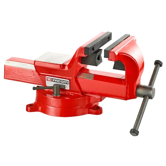 Facom red bench vise with swivel base, photography, SKU 1224_175, front angle on white background.