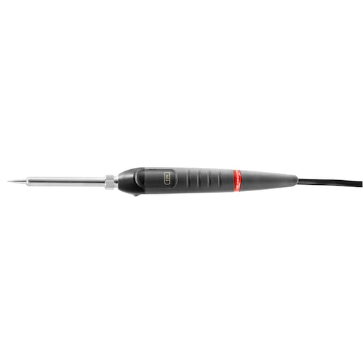 Facom 1230B_15 soldering iron, black handle with red ring, pointed metal tip, side view on white background.